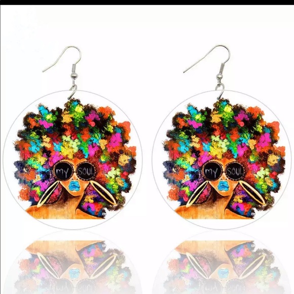 Jewelry - Colorful Afro Natural Hair Painted Wood Earrings